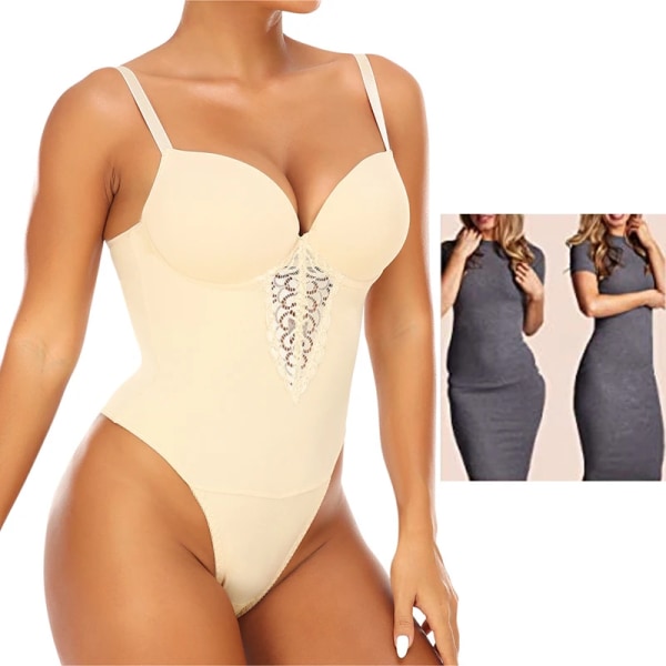 Fajas Colombianas Thong Underkläder Spets Shapewear Body Slim Body Shaper Dam V-krage Korsett Öppen gren Underkläder Rygglös Beige L