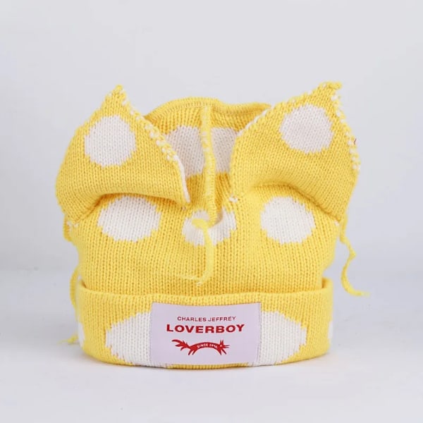 Söt Mode Huva Cap Loverboy Katteöra Stickad Hatt Dubbellager Varm Grisöra Hatt Nisch Design Hip-Hop Personlighet Kalla Hatt E28 yellowwhitedotMR M 56-58cm