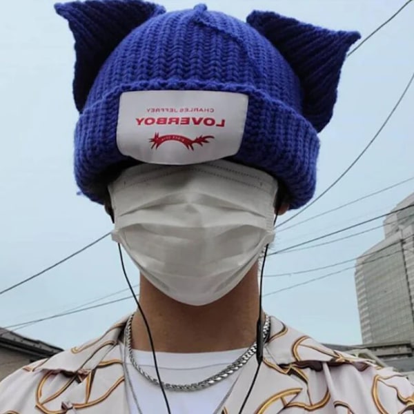 Söt Mode Huva Cap Loverboy Katteöra Stickad Hatt Dubbellager Varm Grisöra Hatt Nisch Design Hip-Hop Personlighet Kalla Hatt E21 blue TW tail M 56-58cm