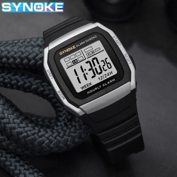 SYNOKE Student Elektronisk Watch Utomhussport Pojke Lysande Vattentät Watch Retro Square Watch Silver