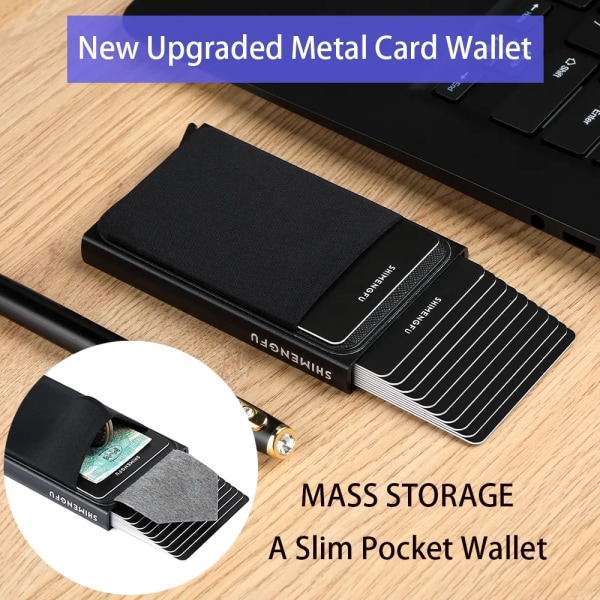 Pop Up RFID ID-korthållare Man Plånbok Minipaket Aluminium Metall Skyddsutrustning Förvaringsväska Smart Quick Release Damväska 10 Cards Black