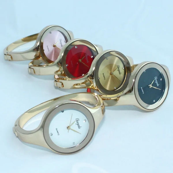 Kvinnor Watch Mode Casual Rund Dam Kvinnor Armband Flickor Klockor Watch Rostfritt stål Quartz Watch D1 Gold Red