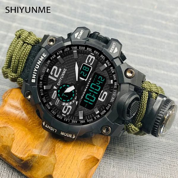 Utomhus Survival Watch Multifunktionell Vattentät Militär Taktisk Paracord Watch Armband Camping Vandring Nödutrustning Khaki with box strap