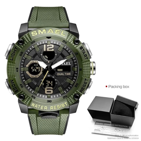 SMAEL Dual Time LED Display Digital watch för män Vattentät Simning Quartz Sportklockor Auto Date Alarm Clock Armbandsur 8039 Green-Box
