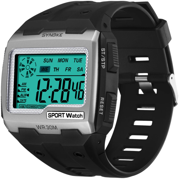 SYNOKE Digitala klockor för män Utomhussport Mode Multi Vattentät Stor urtavla Lysande armbandsur Väckarklockor män Silver