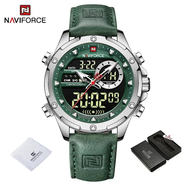 NAVIFORCE Lyxiga originalklockor för män Casual Sport Kronograf Alarm Quartz Armbandsur Läder Vattentät Digital Klocka 9163 SGNGN BOX