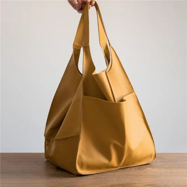 Mjuk Lyxväska med stor kapacitet Handväskor För Dam Design Pu Läder Damaxelväska Tote Retro Oversized Shopper Bag Yellow 1