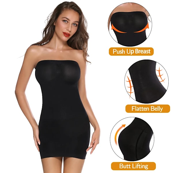 Kvinnor Body Shaper Axelbandslösa Hela Slips för Underklänningar Magkontroll Slips Slimming Kjolar Full Shapewear Sömlösa underkläder Black M