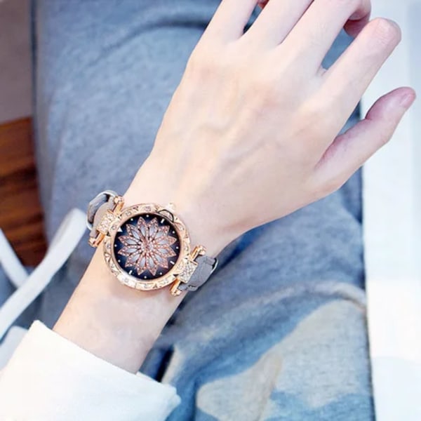 2020 Damklockor Set Starry Sky Watch Casual Läder Sport Quartz Clock Relogio Feminino Grey Not Box
