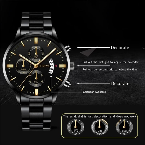 Mode watch i rostfritt stål Lyxkalender kvartsarmbandsur Watch för män Klocka relogio masculino Black Gold