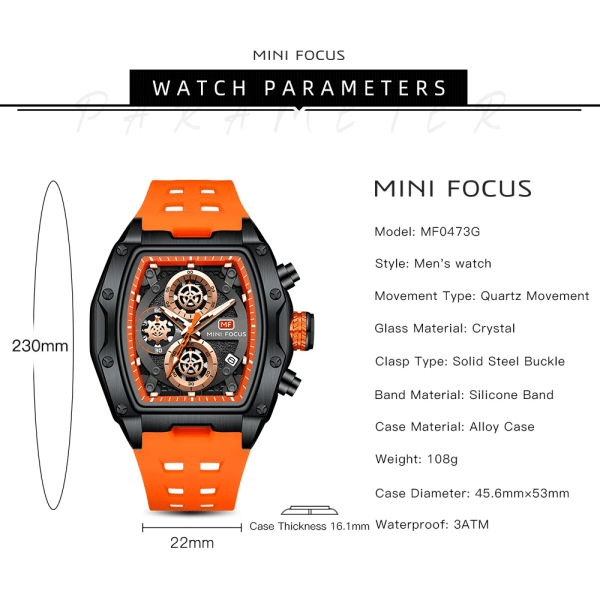 MINI FOCUS Herrklockor Lyx Sport Watch För Herr Vattentät Med Lysande Visar Kronograf Armbandsur Silikonarmband MF0473G03