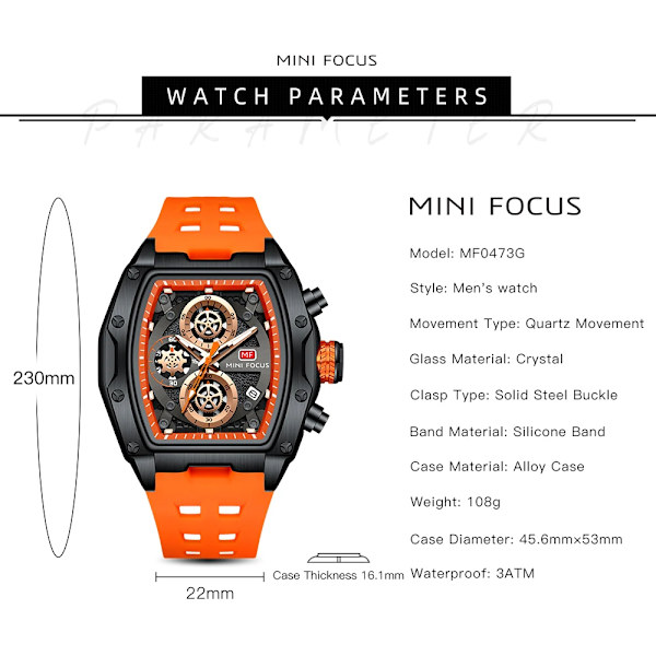 MINI FOCUS Herrklockor Lyx Sport Watch För Herr Vattentät Med Lysande Visar Kronograf Armbandsur Silikonarmband MF0473G05