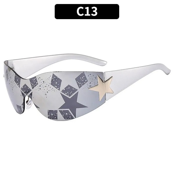 Punk One Piece Solglasögon Goggle Nya Y2k båglösa solglasögon 2000-talsglasögon Glasögon UV400 Kvinnlig designer femstjärniga glasögon C13