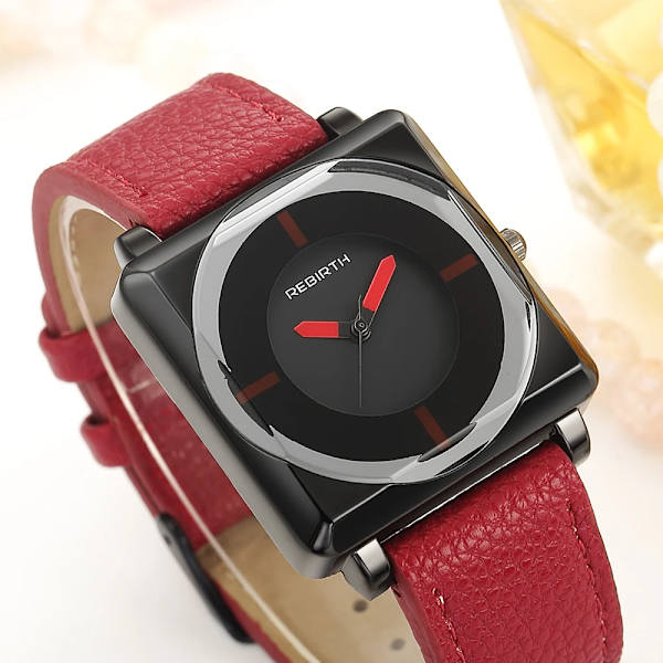 REBIRD Watch Fyrkantig Kvinnor Läder Kristall Armbandsur Dam Quartz relogio feminino Armband Saati ing Red