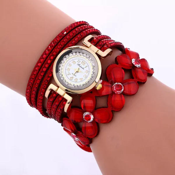 Märke Mode Dam Blomma Kristallklocka Watch Casual Lyx Läder Strassarmbandsklocka Watch Feminino Red