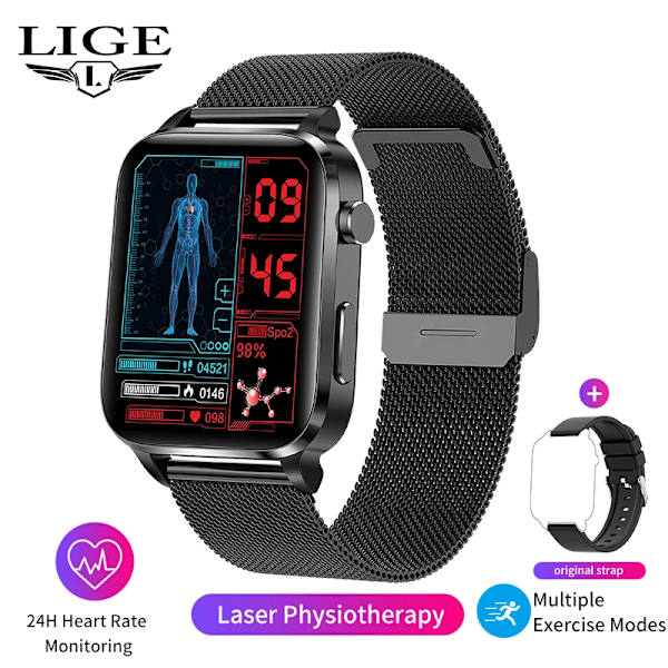 LIGE SmartWatch Män Laserassisterad terapi Tre hög puls Blodsocker Hälsa Smartwatch Sömn Kroppstemperaturövervakning Mesh belt black