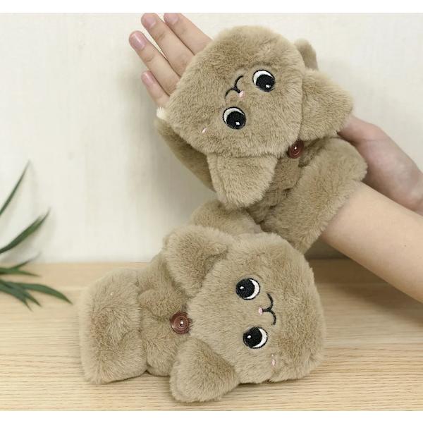 Kvinnor Vinterplysch Kattvantar Fingerlösa handskar Plysch Varmhandske Vinter Mjuka Tjocka Handskar för Kvinnor Tjej Flexibel Halvfinger Brown Rabbit Gloves One Size