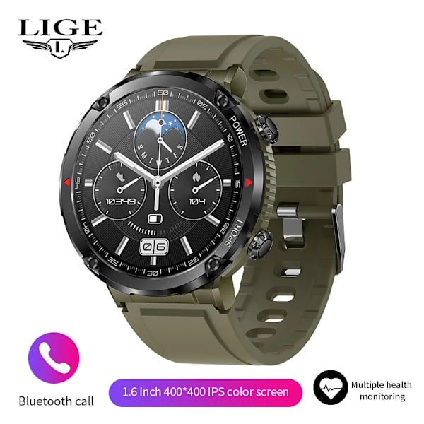 LIGE Smart Watch Herr 1,6 tum Full Touch Armband Health Monitor Sportklockor Bluetooth Call Smart Clock Herr Smartwatch Green 600mA-Bluetooth call