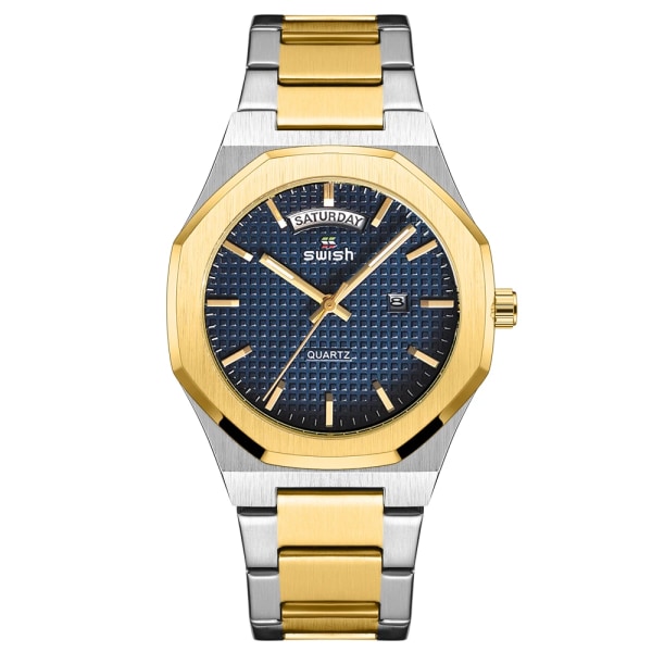 Ny åttkantig design Quartz Armbandsur Herr Klänning i gyllene rostfritt stål Watch Datum/vecka Funktioner Lyx dykarklocka Man Silver Blue