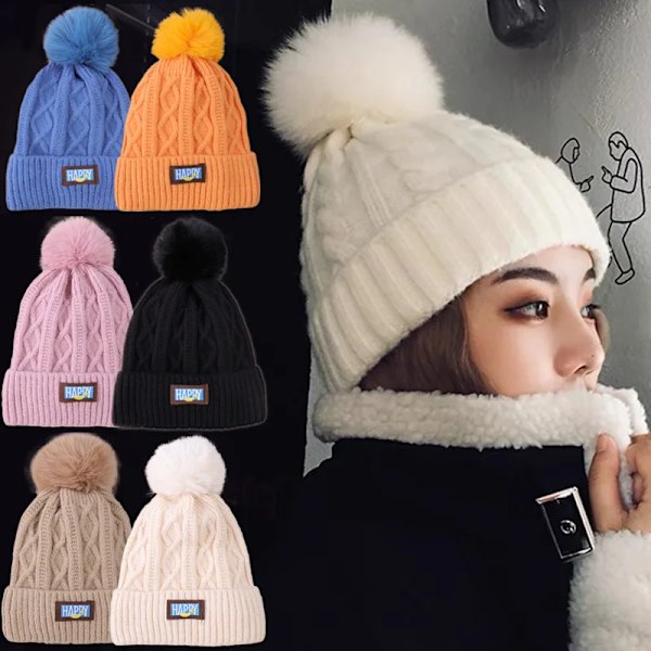 Tjock Pom Pom Stickad Mössa Kvinna Plysch Vinter Fleecefodrad Varma Mössor För Kvinnor Flickor Utomhus Varm Gorro Keps Black