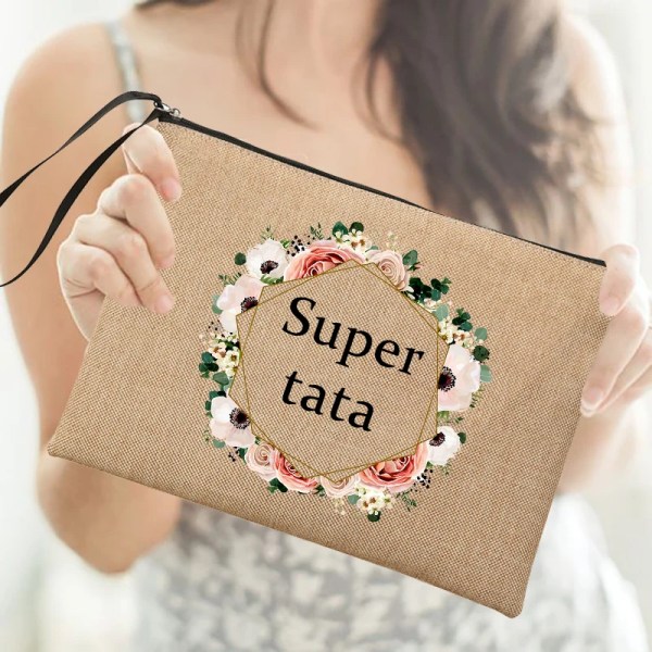 Super Tata Wreath Print Linne Sminkväskor Kosmetisk väska Dragkedja Resor Toalettsaker Organizer Kvinnor Neceser Bästa presenterna till Tata Q08090-A012BR-S