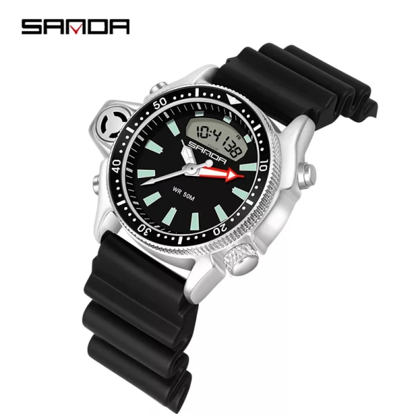 SANDA Sport Män Quartz Digital Watch Creative Dyk Watches Herr Vattentät Alarm Watch Dual Display Klocka Relogio Masculino Black white