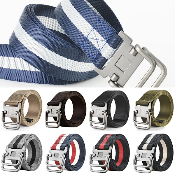 Nya dubbelringspänne Canvasbälten för män Militär träningsbälten Mode utomhus metallspänne midjeband Justerbar längd RedWhite Blue Stripe 100cm