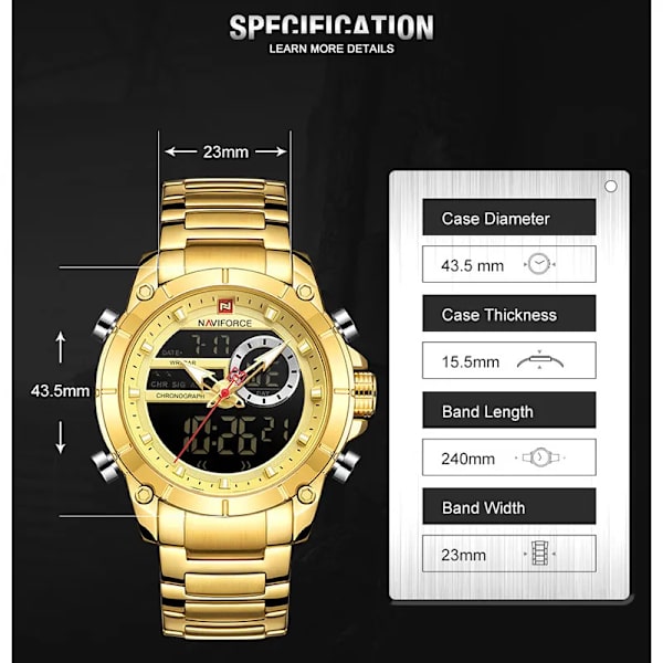 NAVIFORCE Luxury Original Watch för män Kvartsstål Vattentät Dual Display Modeklockor Relogio Masculino 9163 RGBEBE BOX