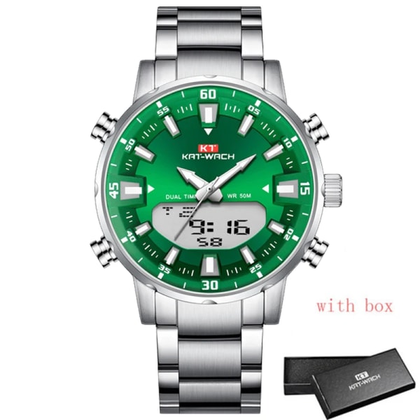 Toppmärke Herr Watch 50M Vattentät Sport Digitala Klockor Herr LED Steel Military Quartz Watch Guldfärg Big Dial Clock green box 1