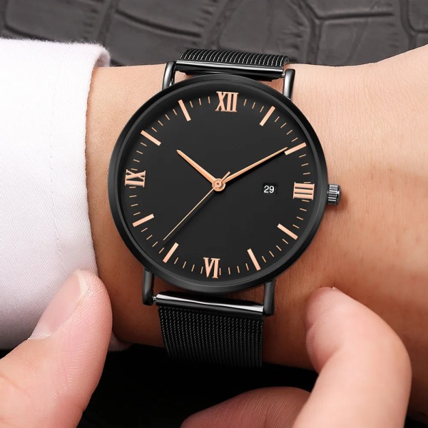 Ultratunn svart Lyxmode Herr Minimalistiska klockor Rostfritt stål Mesh - watch Herr Business Casual Analog Quartz klocka A-J