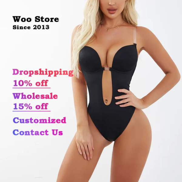 Woo Store Push Up Dam Bodysuit Sexig Shapewear Rygglösa underkläder Djup V-halsrem U Plunge BH med stringtrosa Black XL