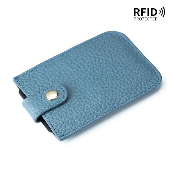 Smal korthållare i äkta läder Snabb åtkomst dragflik RFID-foder Mjuk kohud Män Kvinnor Bärbar cover. Denim Blue