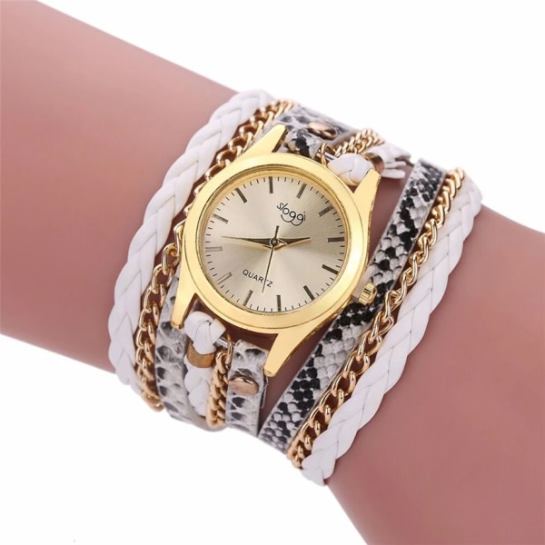 Kvartsklockor Dam Guld Geneva Armband Armbandsur Damklänning Vävd Leopard Multi Watch Bk