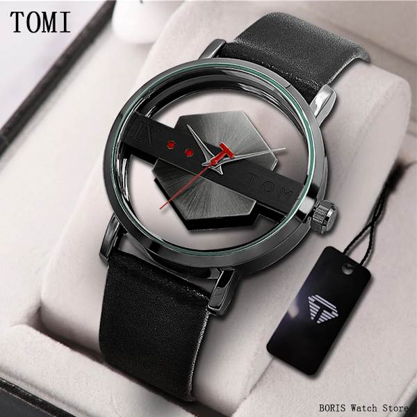 Enkla klockor för män Toppmärke 2023 Mode Quartz Armbandsur Dam Creative Halv Transparent Urtavla Unisex Armband reloj hombr 758 Black