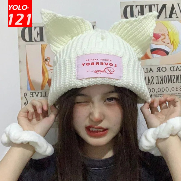 Loverboy Kattöron Stickad Hatt Dubbellager Varm Grisöron Hatt Söt Mode Huva Niche Design Hip-Hop Personlighet Kalla Hatt P61dot red white M 56-58cm
