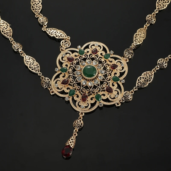 Marockanska bröllopsryggsmycken för kvinnor Blomdesign Guldfärg Kristall Axelkedja Smycken Kaftan långt halsband mix red  stone 45cm