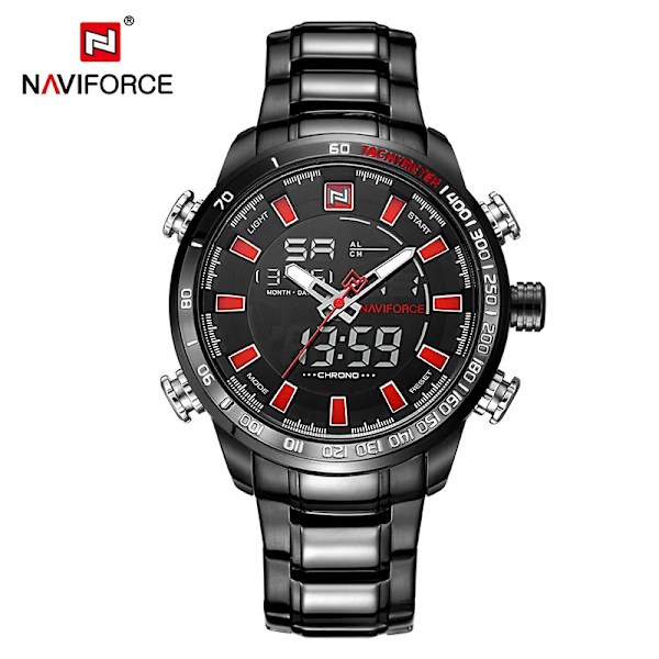 NAVIFORCE 9093 Lyx Herr Chrono Watch Märke Militär Vattentät EL Bakgrundsljus Digitala armbandsur Herr Stoppur Klocka black red