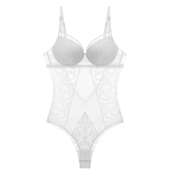 Sexig Spets Body Underkläder Dam Transparent Tull Ett stycke Push Up BH Strings Set Slim Fit Hollow Out Underkläder för kvinnor White