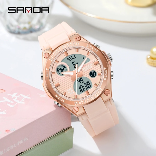 SANDA 2023 Toppmärke Mode Damklockor Vattentät Sport Digital Quartz Armbandsur Casual Clock Present Relogio Feminino 6067 Pink