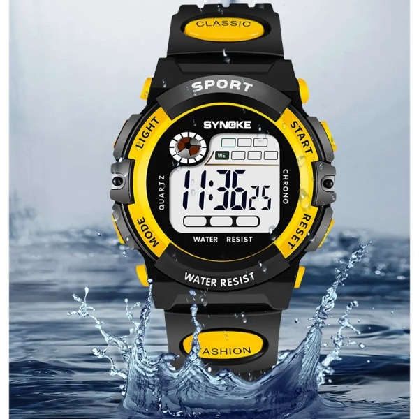 SYNOKE Multifunktionell Nattstudent Barn Elektronisk Watch Sport Vattentät Pojke Elektronisk Watch Vattentät Lätt Mode Yellow