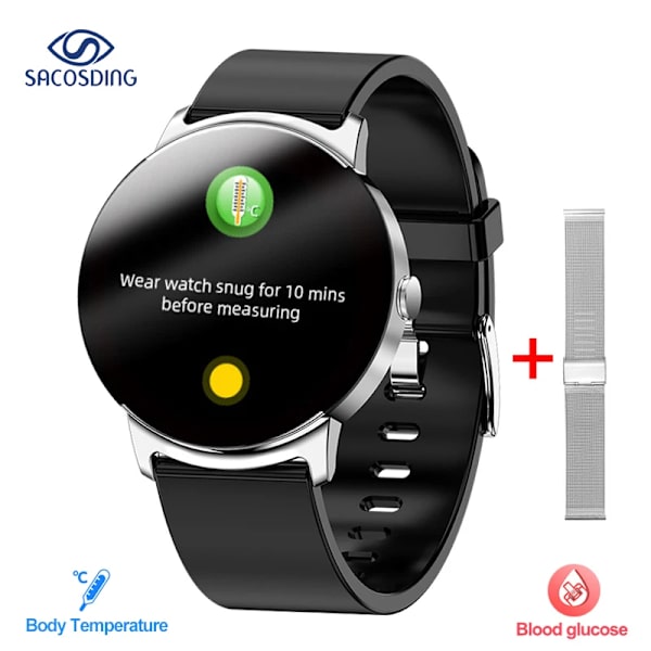 NY Glukos Smart Watch Herr Blodtryck Blod Syre Kroppstemperatur Pulslarm IP68 Vattentät Smartwatch Dam Silver mesh