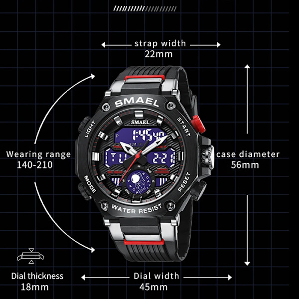 Quartz Armbandsur Sport SMAEL Military Army Clock Alarm Dual Display LED Elektronisk Watch 8069 Vattentäta klockor för män RED