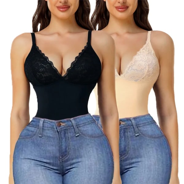 Sexig kvinnlig spetsbody för kvinnor Magkontroll Shapewear ärmlösa toppar Body Shaper V-hals Backless Jumpsuit Fajas stringtrosor Beige XXXL