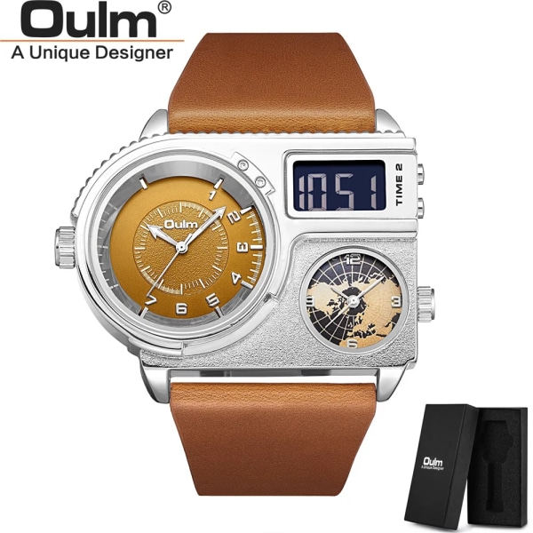 Oulm 5026 New Dual Display Två tidszon Watch Man Big Dial Quartz Clock Timmar Herr Armbandsur i äkta läder silverbrown with box