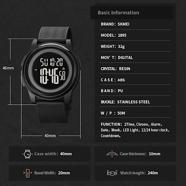 Digital armbandsur LED-ljus Chrono Väckarklocka 5Bar Vattentät Mode Casual Herr Sportklockor SKMEI Relojes Hombre Blue