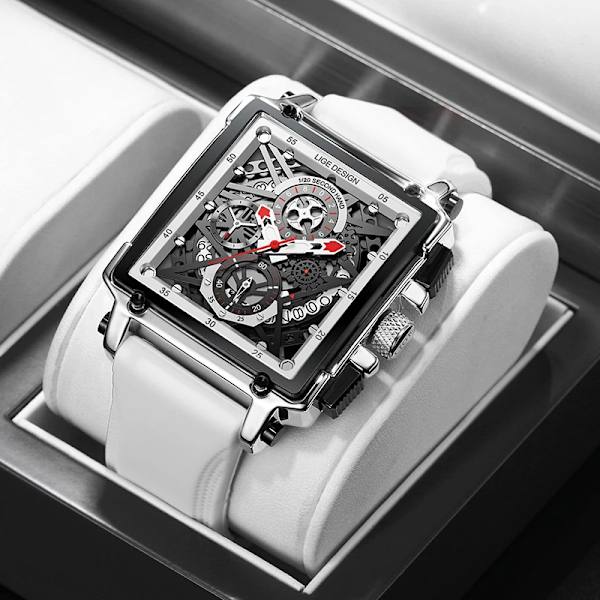 2023 nya LIGE Herrklockor Toppmärke Lyx Hollow Square Watch För män Mode Silikonrem Vattentät Quartz Armbandsur Silver white