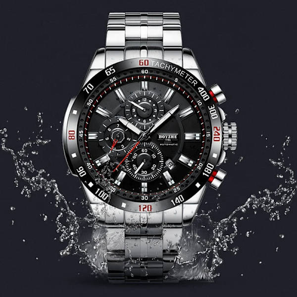 BOYZHE Män Watch Automatisk Mekanisk Watch Vecka Månad Kalender Display Lysande händer Vattentäta klockor för män Black Leather box