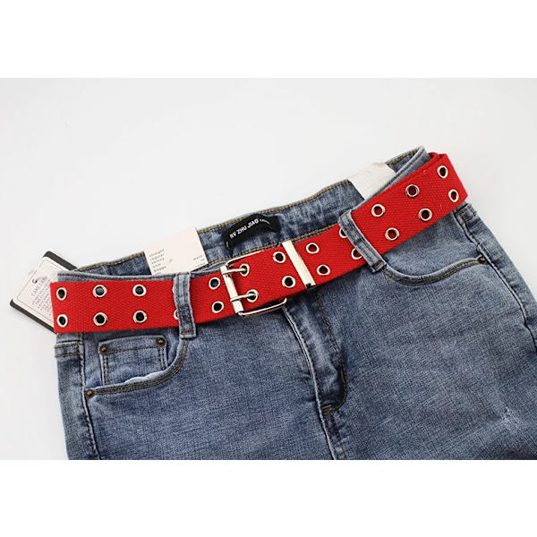 Dubbel genomföring Hål Spänne Bälte Bred Canvas Webbbälte Kvinna Man Svart Röd Vit Midjerem Bälten för Kvinnor Herr Jeans Red 105X3.8cm