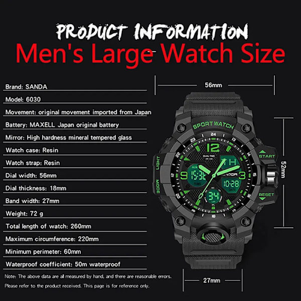SANDA Herr Militärklockor Vit Watch LED Digital 50M vattentät watch Herr Multifunktionsklocka Relogio Masculino 6030 Men White