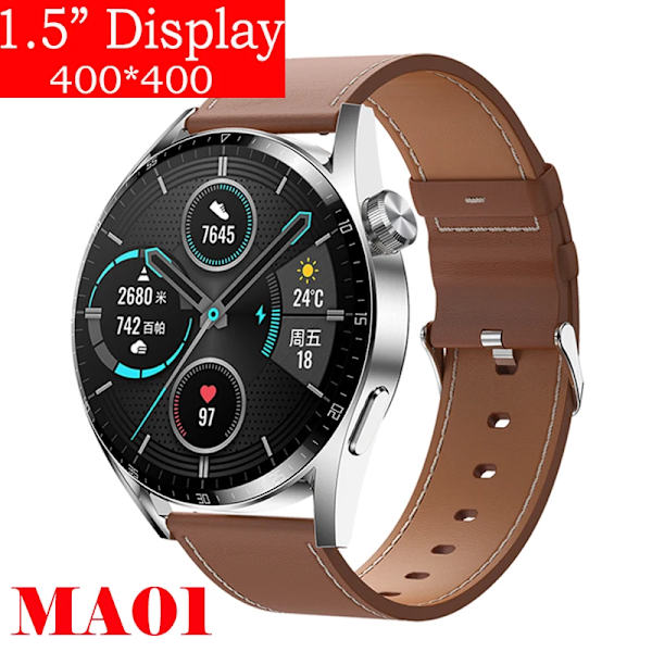 Ny Smart Watch Herr Android GT3 IP68 Vattentät NFC Smartwatch Trådlös Laddning Bluetooth Ring Herr Watch för Brown Leather smartwatch